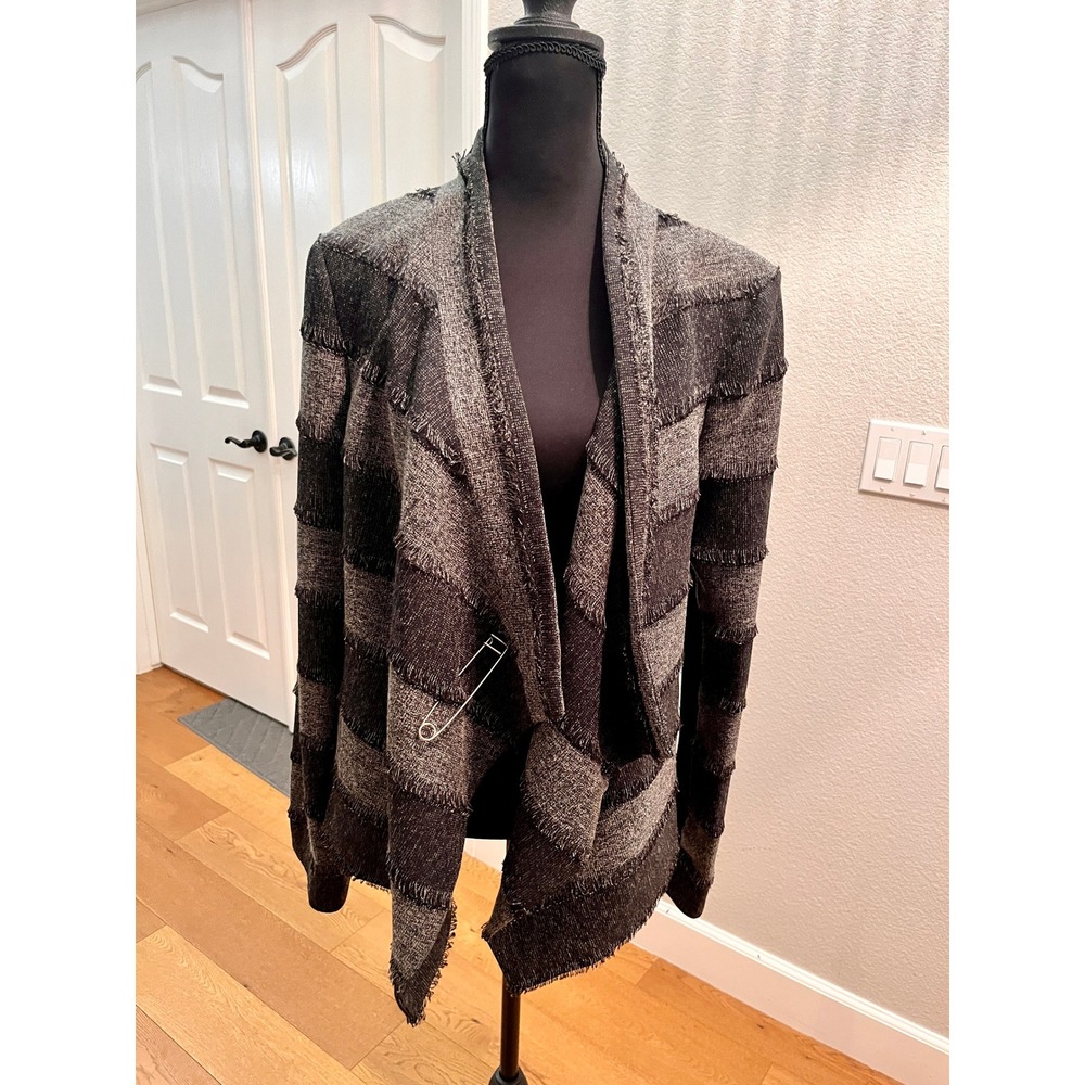 BCBGMAXAZRIA Aubree Cardigan Jacket Womens Large Black Grey Striped Fringe Open